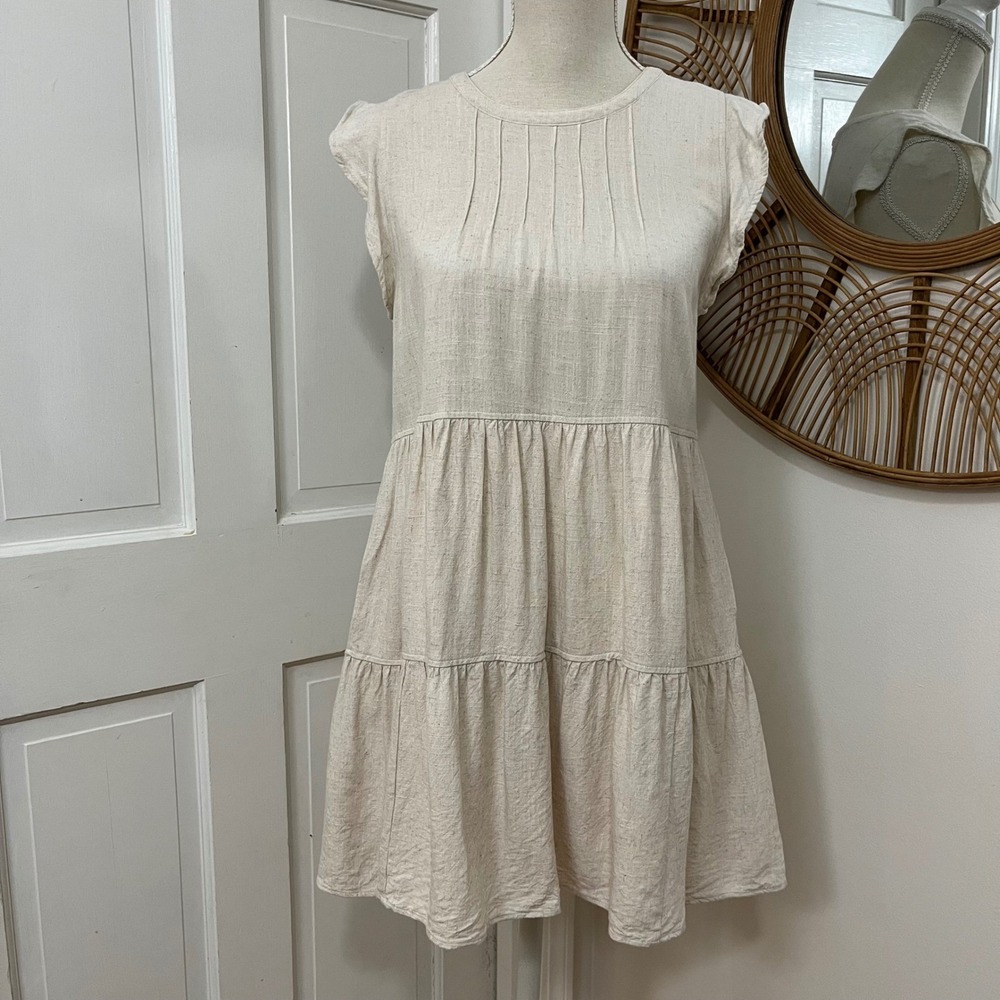 Linen Blend Tiered Mini Dress S Boho Flutter Sleeve Coastal Minimalist Beach